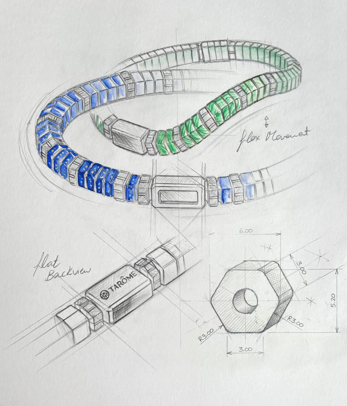 A design and technical sketch of two beaded bracelets, one green malachite and one blue lapis, on white paper, with hand-drawn dimension annotations and two views: one labeled 'Flat Backside' and one labeled 'Flat Movement.' The main drawing shows gray and black linework with blue and green shaded segments.
