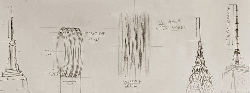 Jewelry Sketch of two band rings with Inspirational Images of skyscraper spires