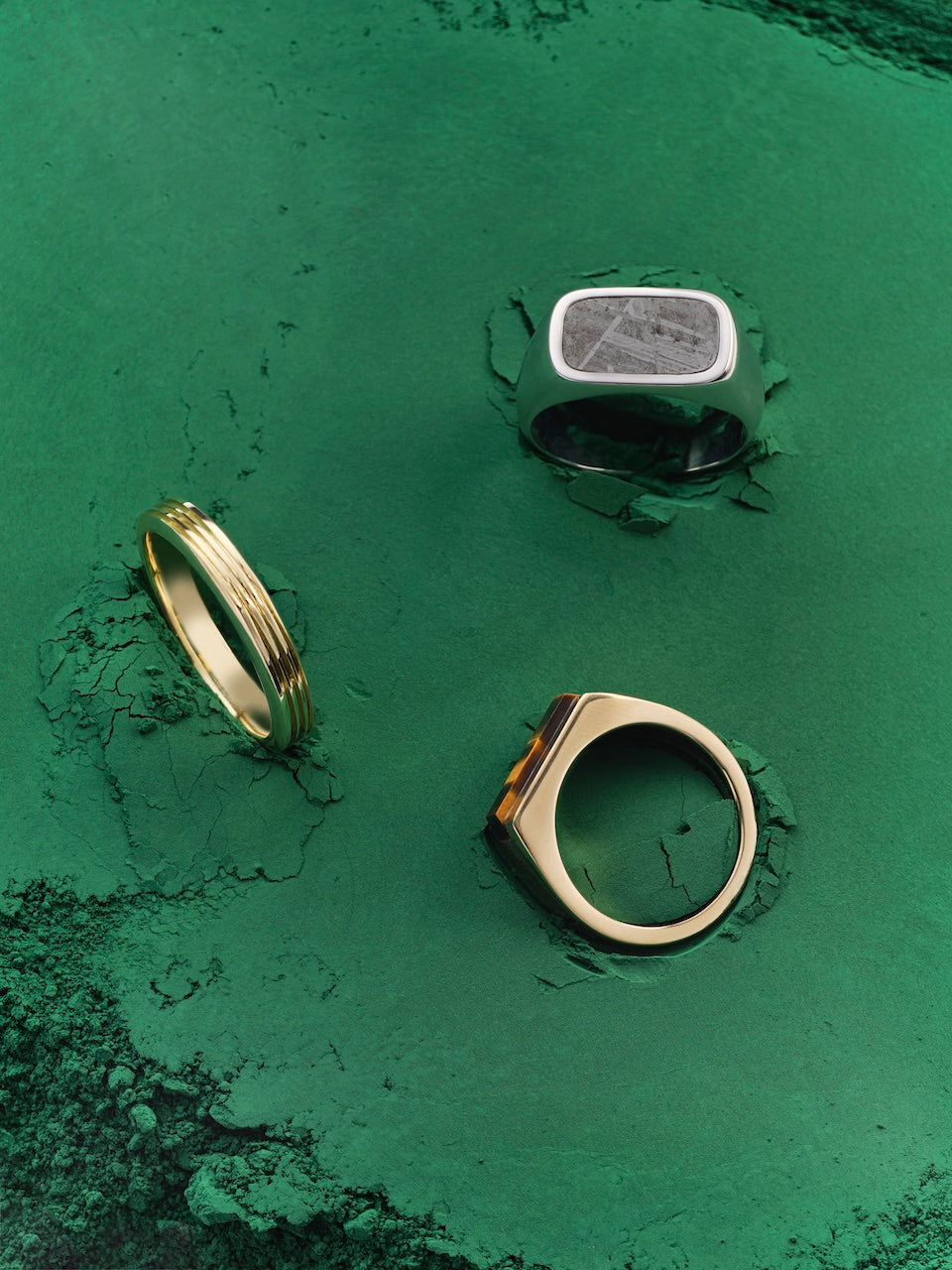 Three men's rings on a textured green surface: One gold band ring, one gold signet ring with a tiger's eye inlay and a silver ring with a meteorite inlay 