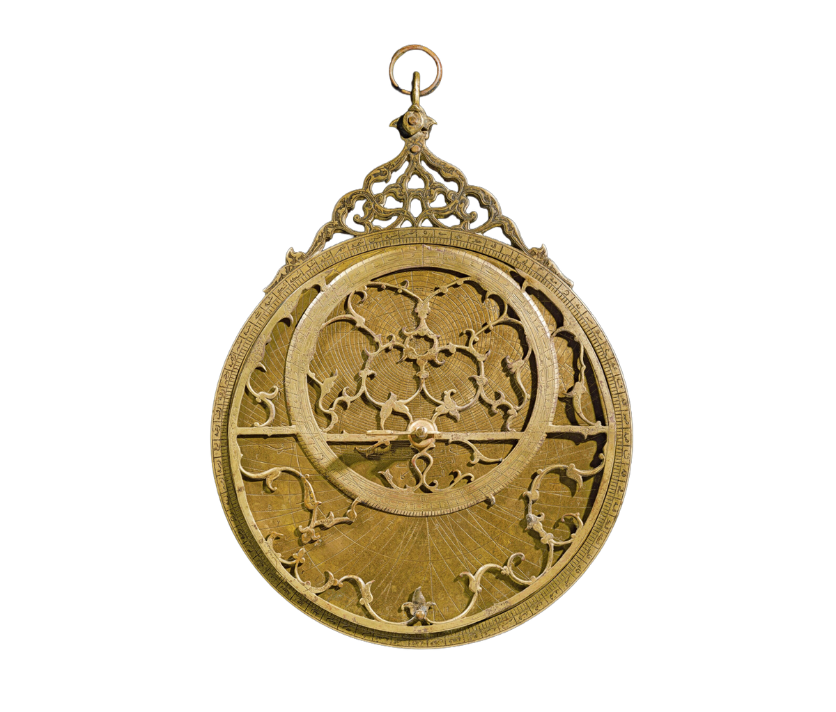 An ornate antique brass astrolabe instrument with intricate cutout detailing and a hanging loop