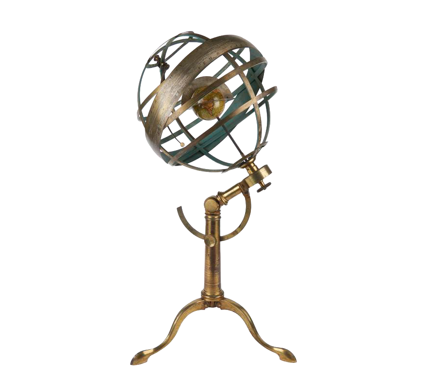 An antique brass armillary sphere on a three-legged tripod base