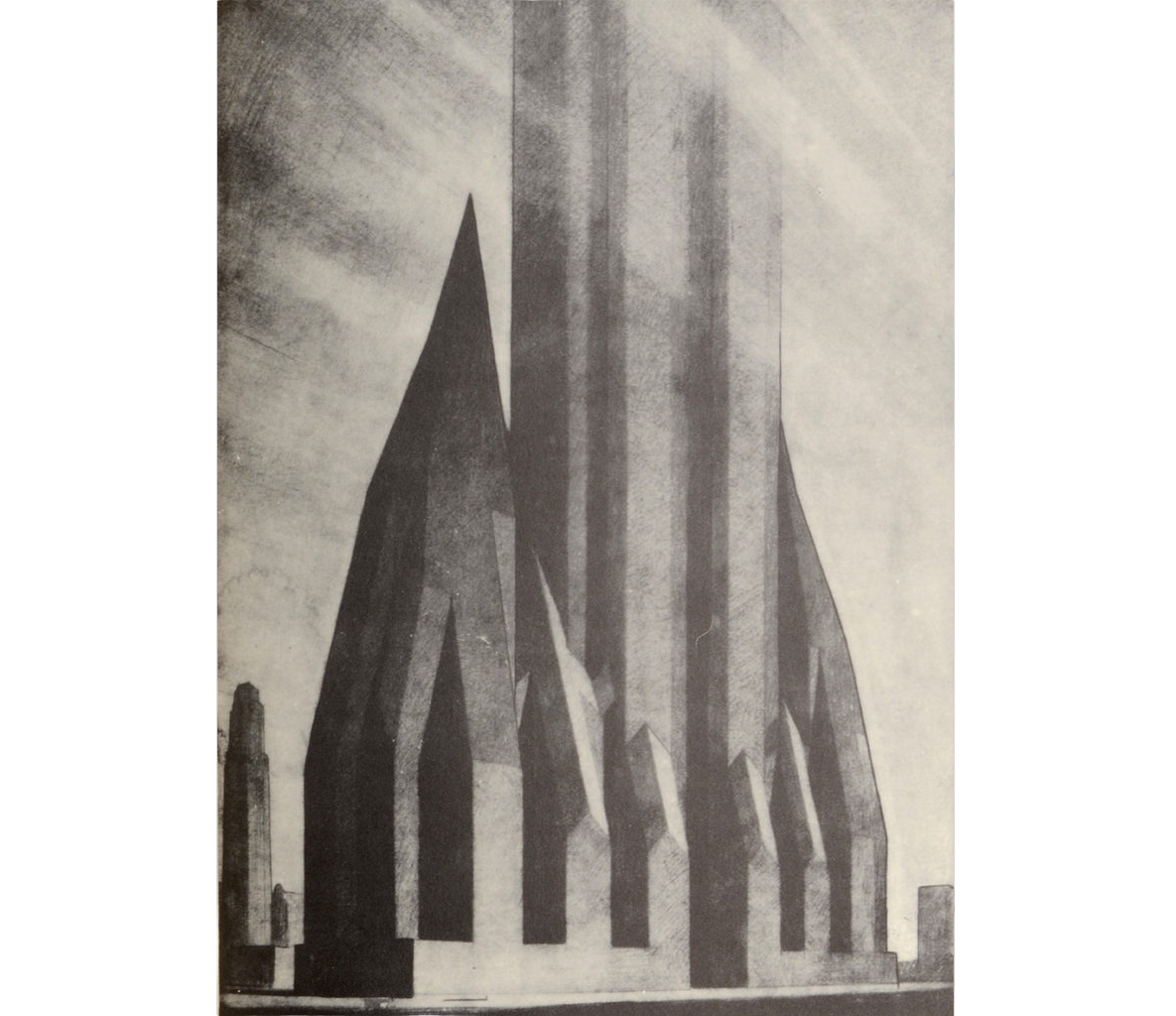 A monochrome architectural art print depicting a modernist building with tall, dramatic spires and sharp geometric forms, rendered in shades of gray and black.