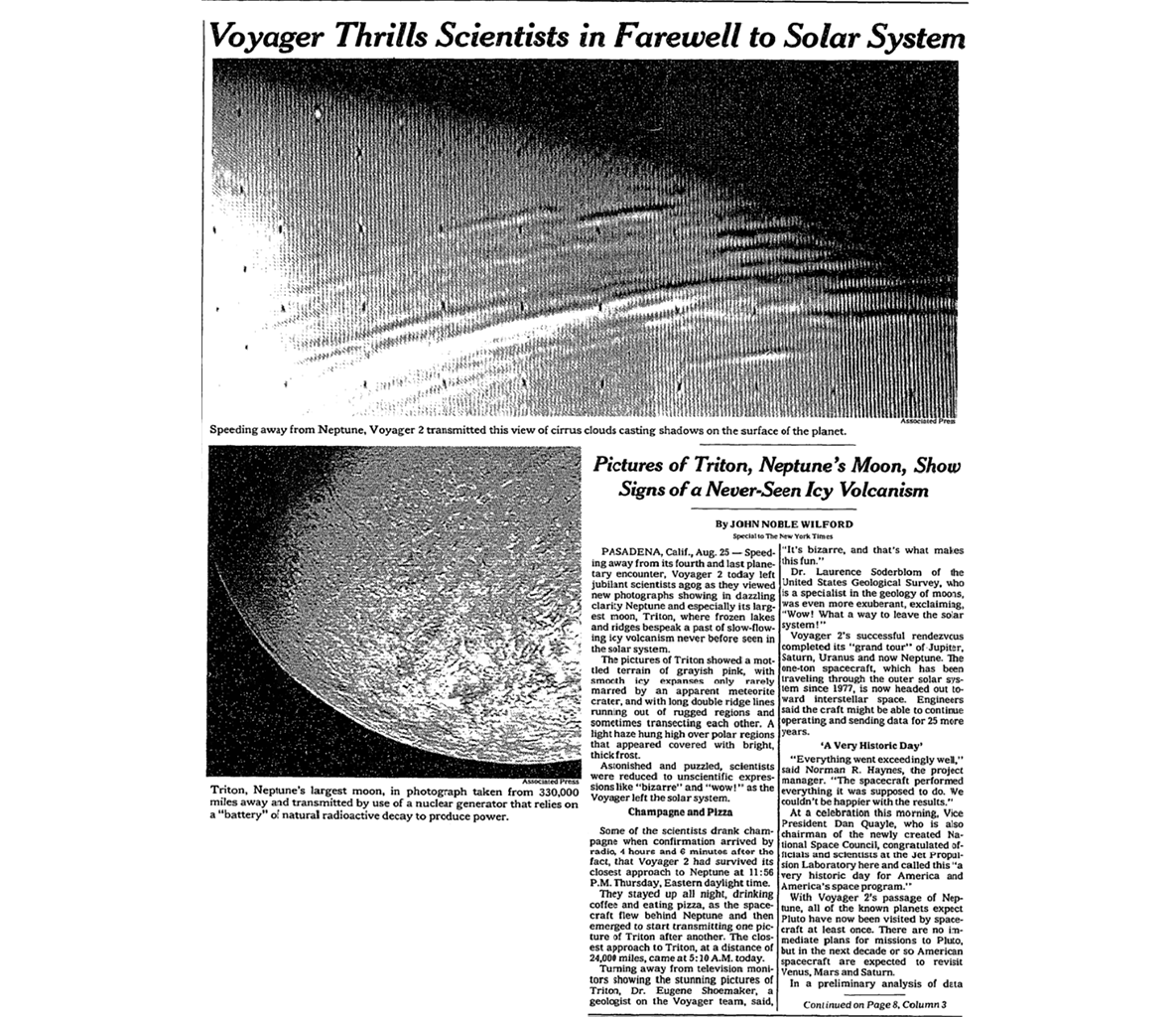 A scanned New York Times article featuring a large headline about Voyager Thrills Scientists in Farewell to Solar System, with two black-and-white space photographs of Neptune's moon Triton and multiple columns of editorial text below.