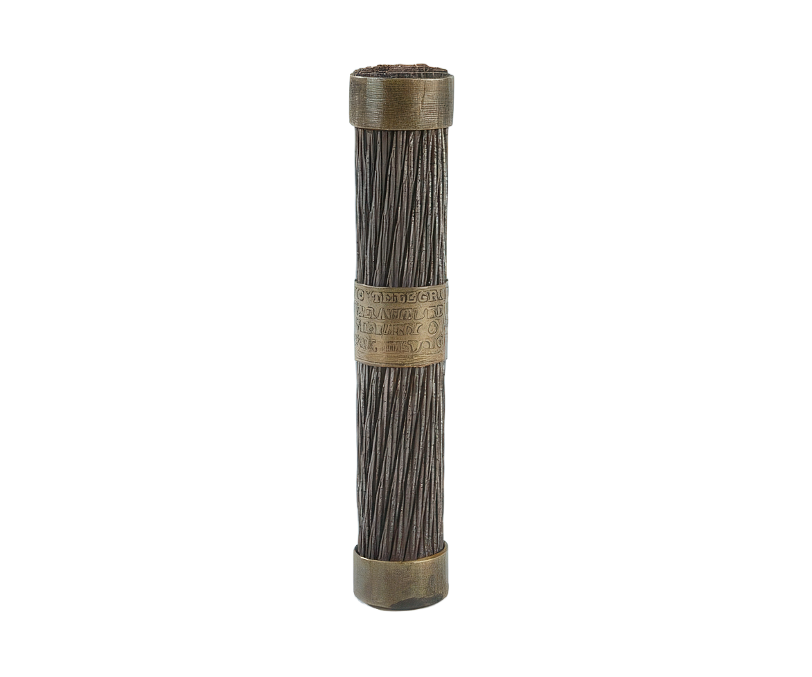 A single spool of the first transatlantic cable - dark gray steel wire with bronze-colored metal end caps and a central identification band
