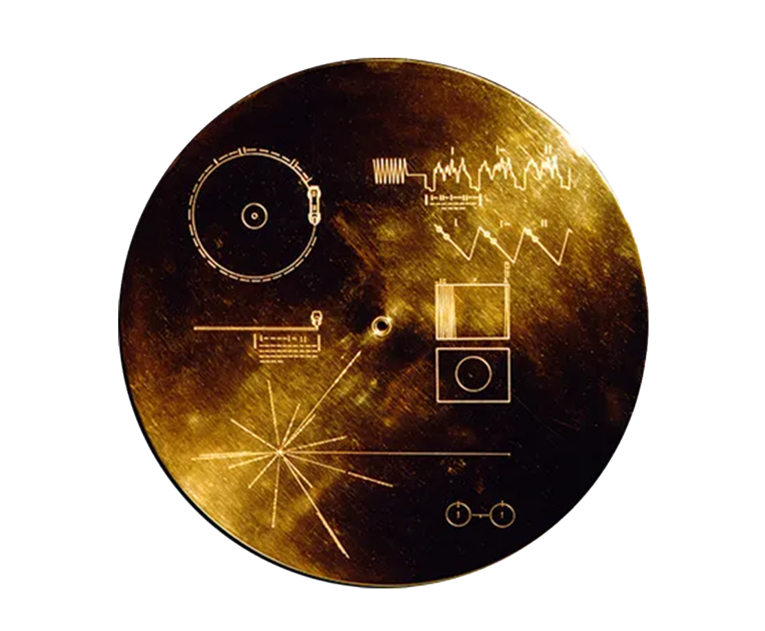A round, metallic gold disc featuring engraved technical schematics, including a circular diagram, waveforms, and geometric shapes, isolated on a white background.