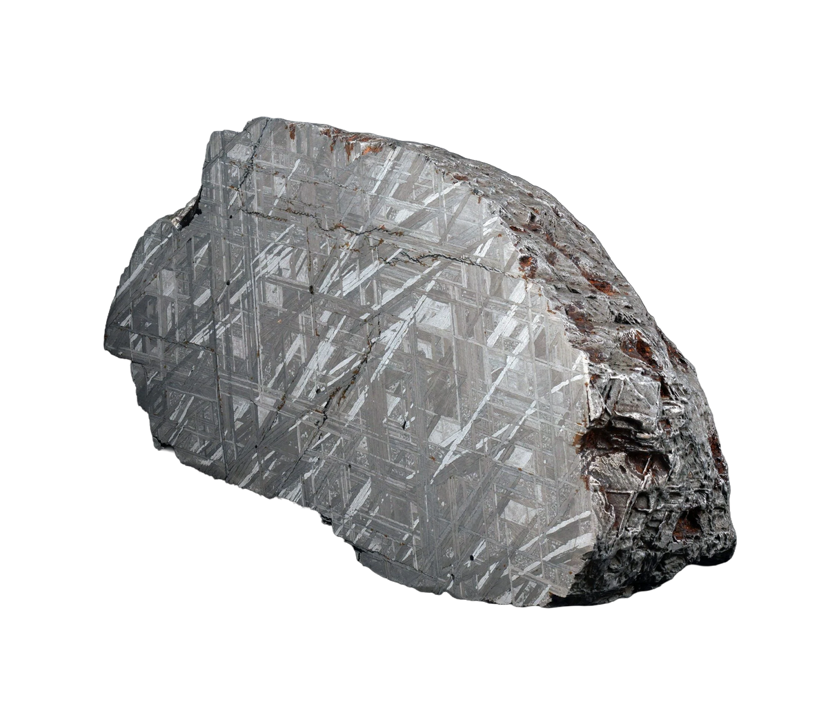 A rough, irregular natural meteorite with a metallic silver-gray Widmanstatten crystalline texture and darker brownish areas, isolated on a plain white background.