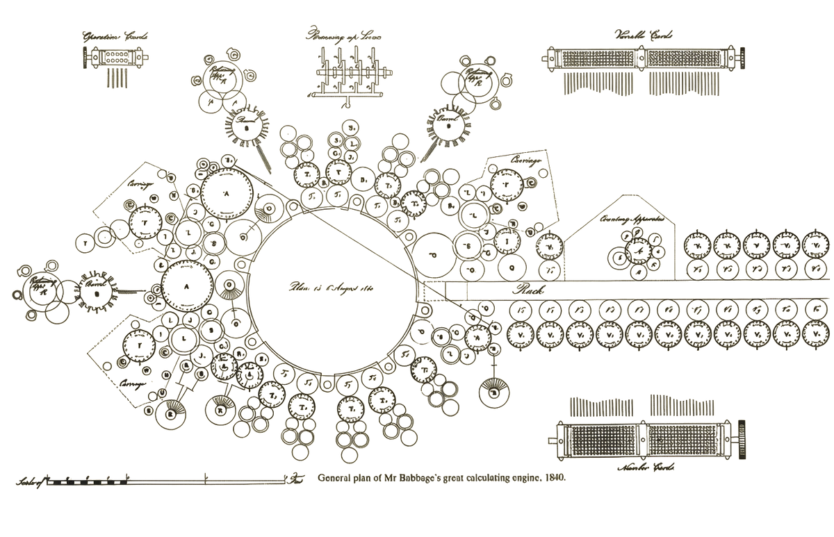 A technical drawing on a white background, showing the Babbage Engine - a circular calculating engine mechanism with labeled parts, gears, and diagrams in dark gray/black line art.