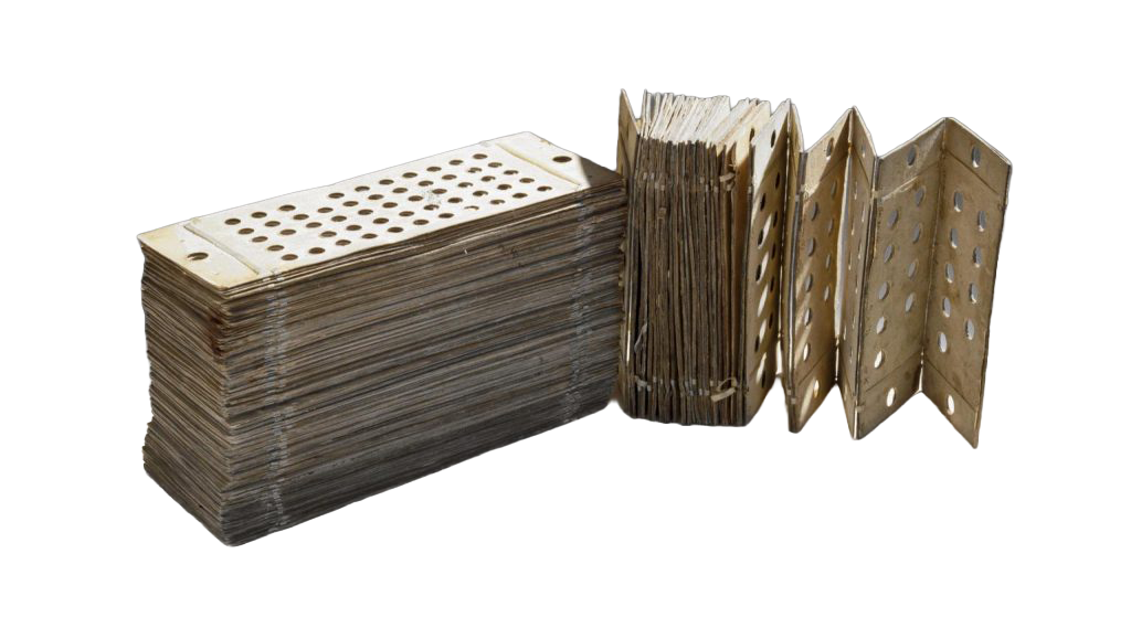 A stack of light brown punchcards, shown folded and standing on a plain white background.