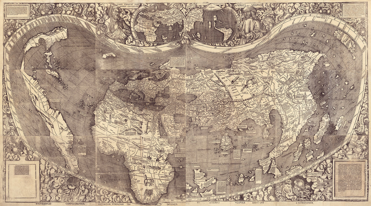 An antique world map print showing North and South America in a symmetrical, decorative layout with detailed cartographic engraving and border illustrations.